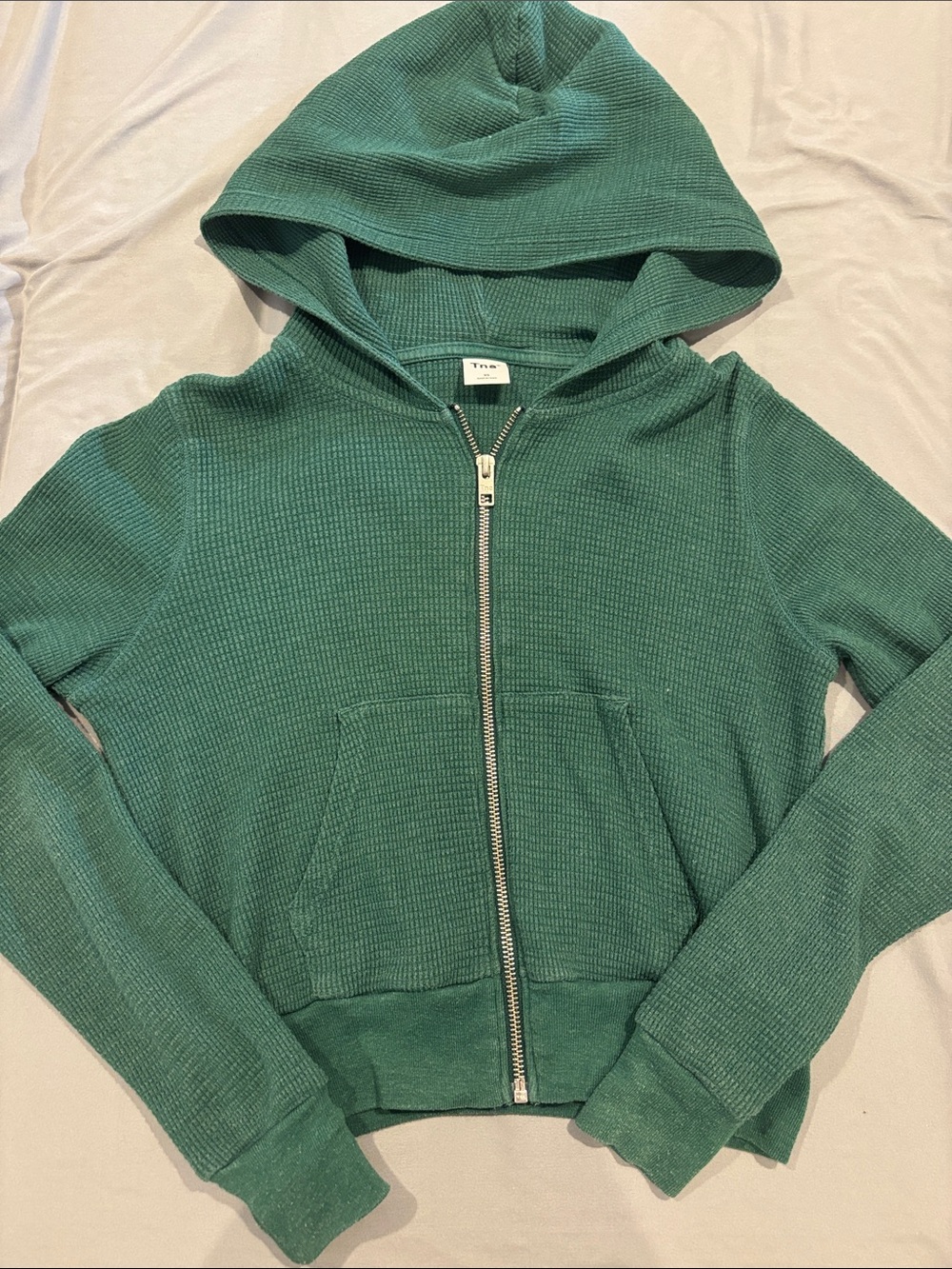 TNA Teal Waffle-Knit Hooded Zip Jacket
